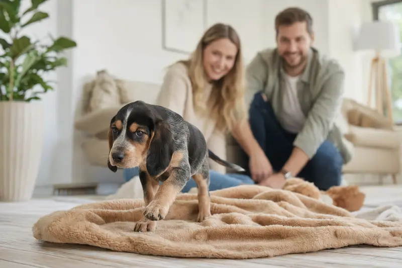Ein junger Savetal Bracke Welpe entdeckt neugierig sein neues Zuhause auf einer weichen Decke mit Spielzeug in einer hellen Wohnung.