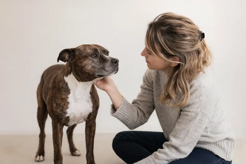 Ein aufmerksam stehender SBT Hund vor hellem Hintergrund als realistisches Tierportrait mit weichem Licht und klarer Fellstruktur.