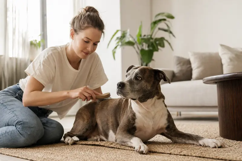 Ein SBT Hund wird in einer hellen Wohnung liebevoll gebürstet, während sein Besitzer die Fellpflege sanft und aufmerksam übernimmt.