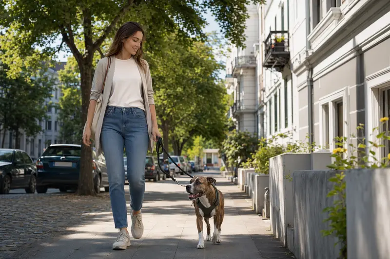 Ein SBT Hund läuft entspannt an der Leine mit seinem Besitzer durch eine moderne Stadtstraße.