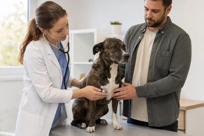 Eine freundliche Tierärztin untersucht einen ruhigen SBT Hund mit dem Stethoskop, während der Besitzer in der modernen Tierarztpraxis beruhigend danebensteht.