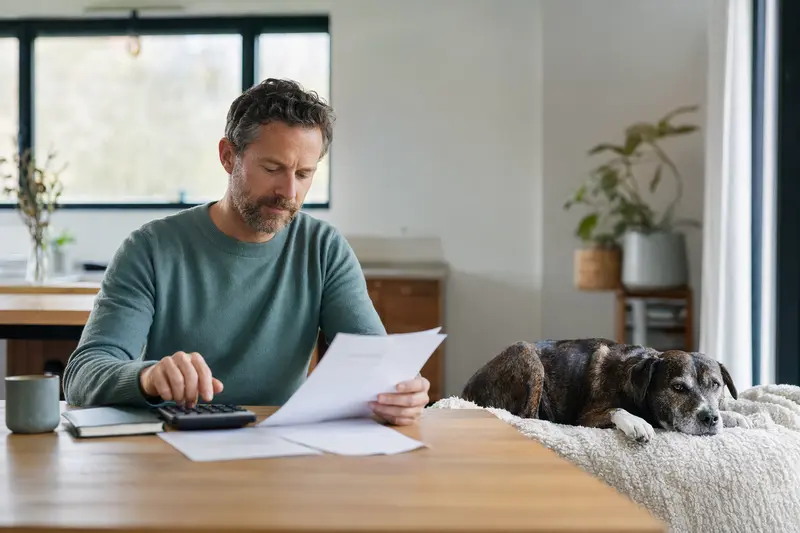 Besitzer sitzt mit Tierarztrechnung am Tisch, während ein entspannter SBT Hund auf einer Decke daneben liegt – ein ruhiges Bild zum Thema Tierarztkosten und Versicherung.