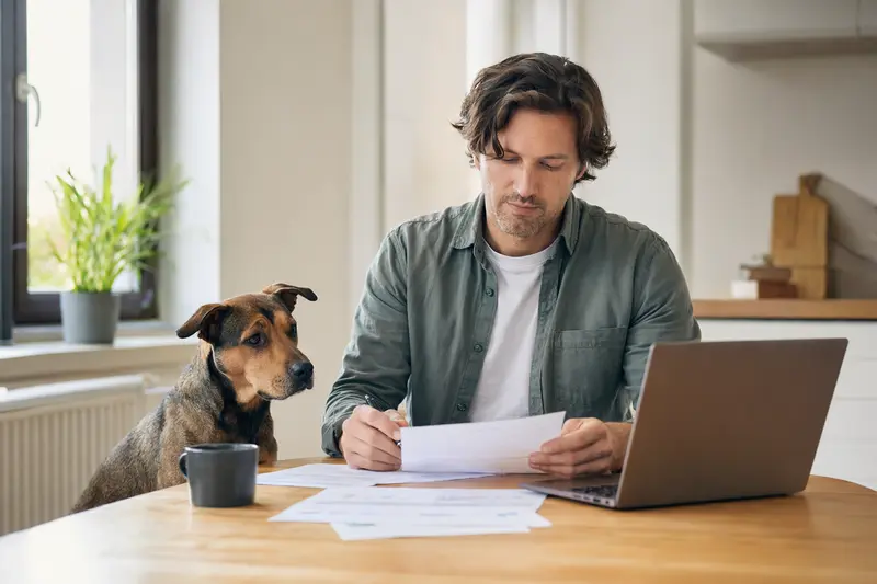 Ein SBT Hund sitzt ruhig neben seinem Besitzer am Küchentisch, während Versicherungsunterlagen und ein Laptop mit einer neutralen Vergleichsseite vor ihm liegen.