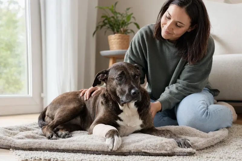 Ein SBT Hund mit leicht verbundenen Pfote liegt ruhig auf einer Decke neben seinem erleichterten Besitzer in einer hellen Wohnung.