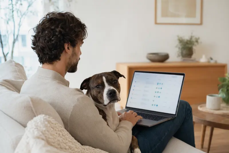 Ein Besitzer sitzt auf dem Sofa mit Laptop und einem SBT Hund, während auf dem Bildschirm eine neutrale Versicherungsvergleichs-Oberfläche angezeigt wird.