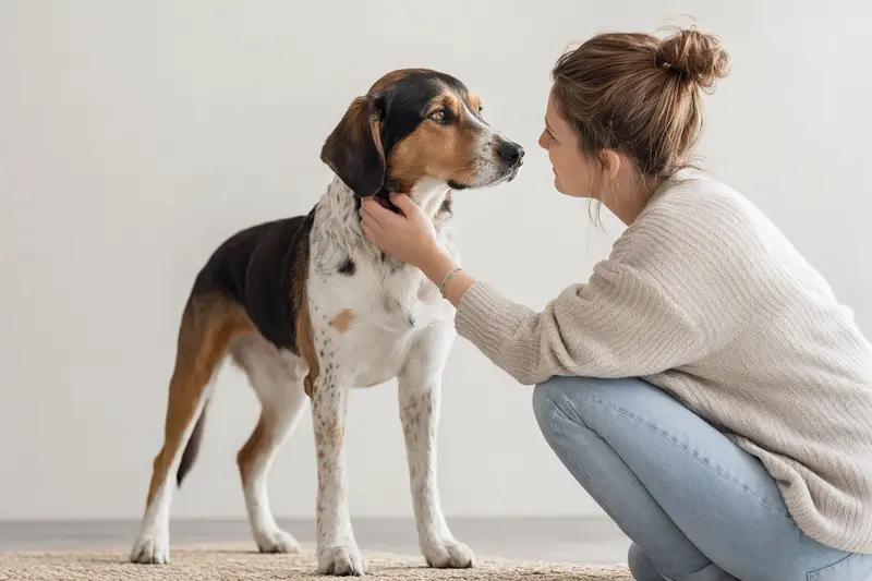 Scandinavian Hound in natürlicher Haltung vor hellem Hintergrund als realistisches Hundeporträt.
