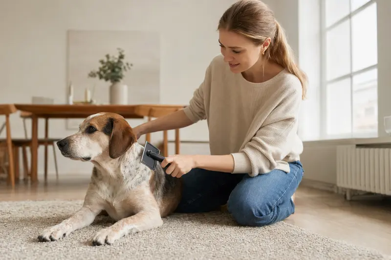 Ein Scandinavian Hound wird in einer hellen Wohnung liebevoll gebürstet und gepflegt.