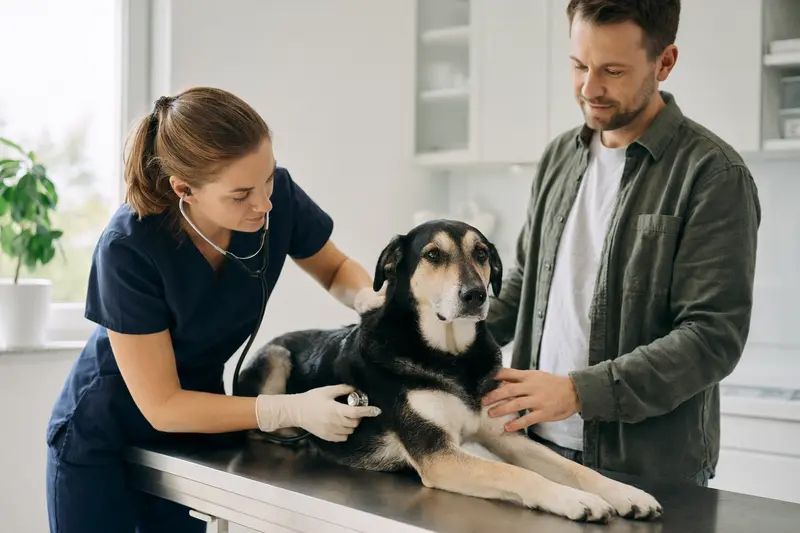 Eine Tierärztin untersucht einen ruhigen Scandinavian Hound auf dem Behandlungstisch mit einem Stethoskop, während der Besitzer beruhigend danebensteht.