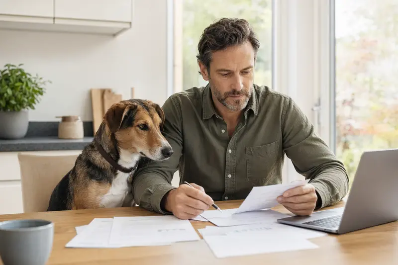 Ein Scandinavian Hound sitzt ruhig neben seinem Besitzer am Küchentisch mit Versicherungsunterlagen und einem Laptop mit neutraler Vergleichsseite.