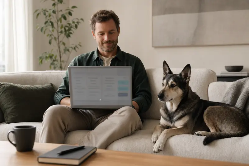 Ein Hundebesitzer arbeitet am Laptop auf dem Sofa, während ein Scandinavian Hound neben ihm sitzt.