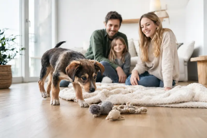 Ein junger Scandinavian Hound Welpe erkundet neugierig sein neues Zuhause mit weicher Decke und Spielzeug vor einer liebevollen Familie in einer hellen Wohnung.
