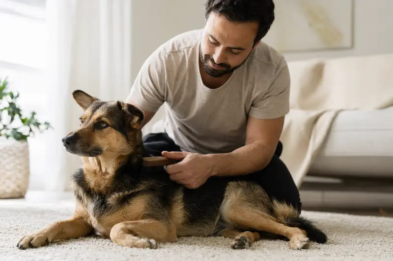 Ein Schäferhund wird zuhause liebevoll gebürstet und gepflegt, während sein Besitzer auf die Fellpflege achtet.