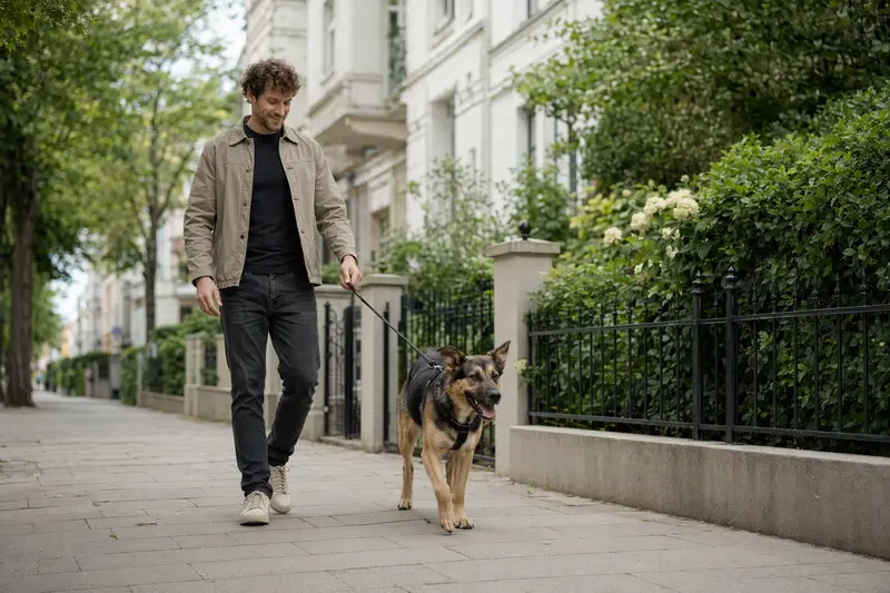 Ein Schäferhund läuft an der Leine mit seinem Besitzer durch eine freundliche moderne Stadtstraße.