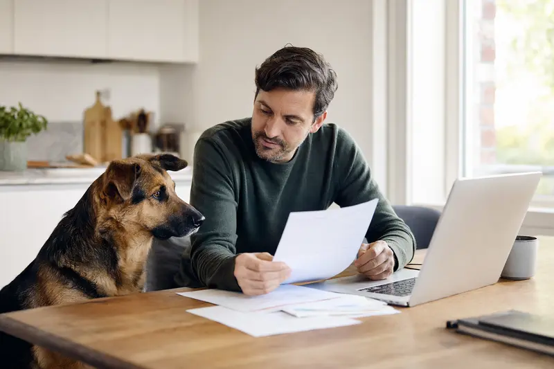 Ein Schäferhund sitzt ruhig neben seinem Besitzer am Küchentisch mit Versicherungsunterlagen und Laptop zur Hundekrankenversicherung.