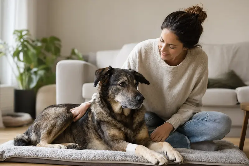 Ein Schäferhund mit leichtem Verband an der Pfote liegt ruhig auf einer Decke neben seinem erleichterten Besitzer in einer hellen Wohnung.