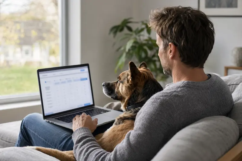 Ein Hundebesitzer nutzt seinen Laptop auf dem Sofa, während sein Schäferhund entspannt neben ihm sitzt, um eine Versicherungsentscheidung zu treffen.