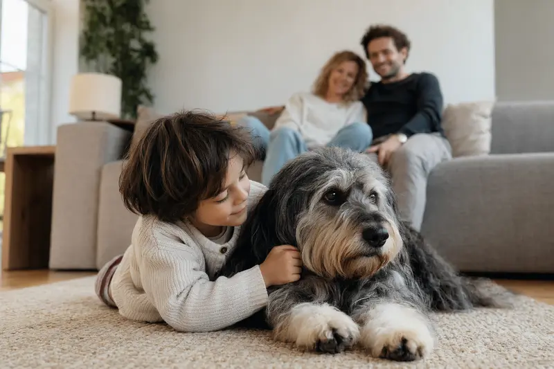 Ein freundlicher Schafpudel liegt entspannt neben einem Kind im Wohnzimmer, während die Eltern im Hintergrund eine sichere Familienatmosphäre schaffen.