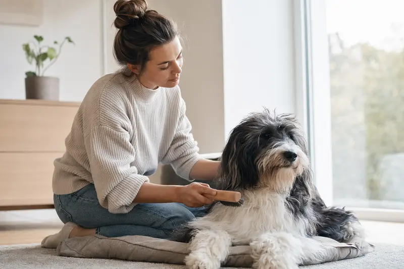 Ein Schafpudel wird in einer hellen Wohnung von seinem Besitzer sanft gebürstet, als Ausdruck liebevoller Fellpflege beim Hund.