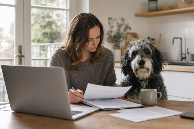 Ein Schafpudel sitzt ruhig neben seinem Besitzer am Küchentisch, während Versicherungsunterlagen und ein Laptop mit Vergleichsseite zur Hundeversicherung vor ihm liegen.