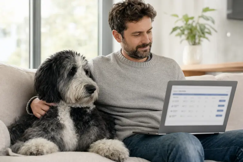 Ein Hundebesitzer arbeitet an seinem Laptop auf dem Sofa, während ein Schafpudel daneben sitzt und eine neutrale Versicherungsvergleichsseite auf dem Bildschirm sichtbar ist.