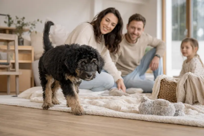 Ein neugieriger Schafpudel-Welpe entdeckt in einer hellen Wohnung mit weicher Decke und Spielzeug sein neues Zuhause, während seine Familie im Hintergrund liebevoll zusieht.