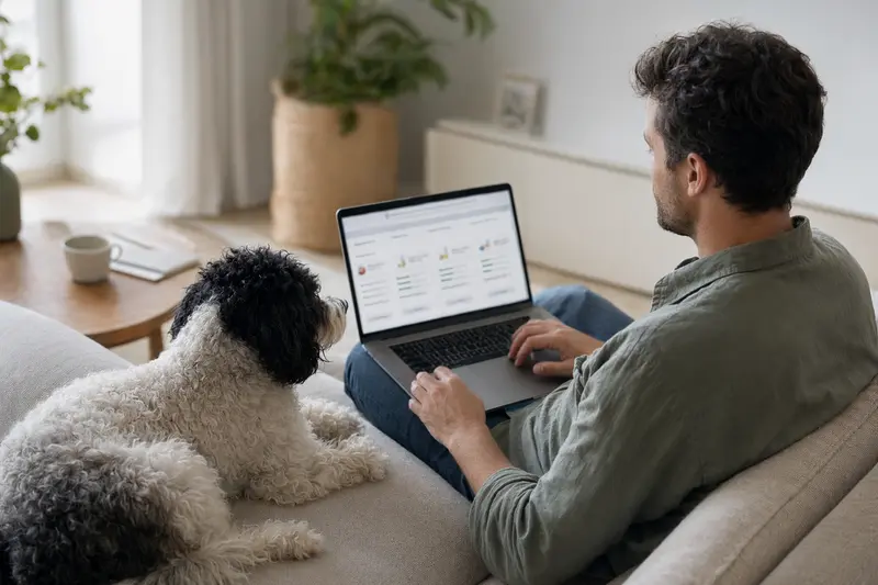 Ein Hundebesitzer mit einem Schafpudel sitzt am Laptop auf dem Sofa und vergleicht Tierkrankenversicherungen.