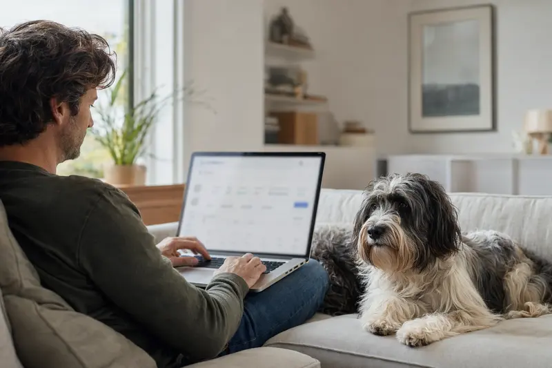 Ein Hundebesitzer mit Laptop auf dem Sofa, der eine neutrale Versicherungsvergleichsseite betrachtet, während ein Schapendoes neben ihm sitzt.