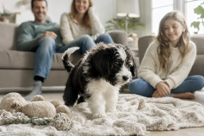 Ein junger Schapendoes Welpe erkundet neugierig sein neues Zuhause mit weicher Decke und Spielzeug in einer hellen Wohnung.