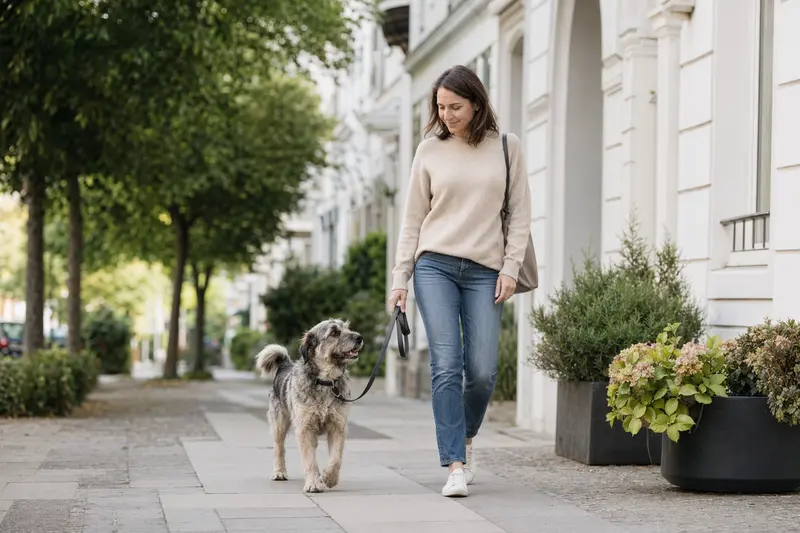 Ein Hund läuft entspannt an der Leine mit seinem Besitzer durch eine moderne Stadtstraße – ein realistisches Motiv zum Thema Hundekrankenversicherung und Alltag.