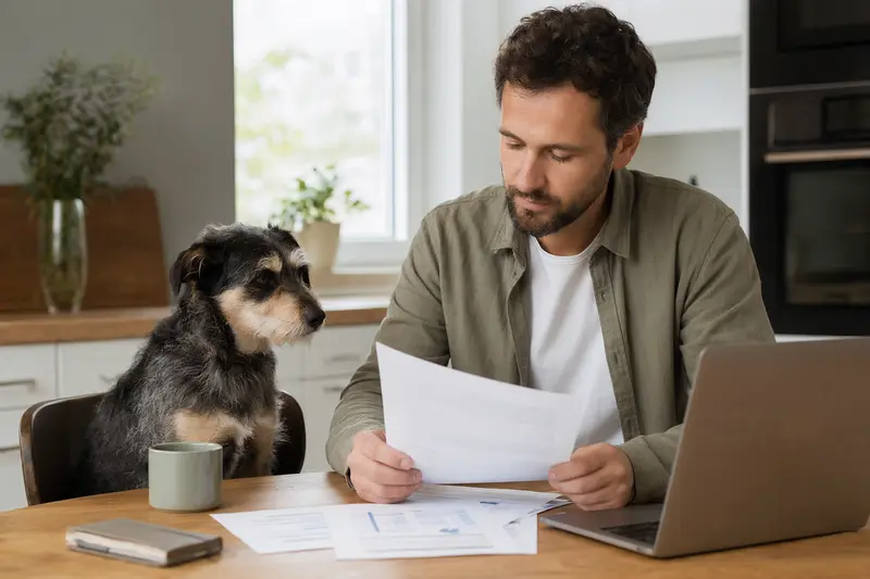 Ein Schensi Hund sitzt ruhig neben seinem Besitzer am Küchentisch mit Versicherungsunterlagen und einem Laptop mit neutraler Vergleichsseite, passend zum Thema Hundekrankenversicherung.