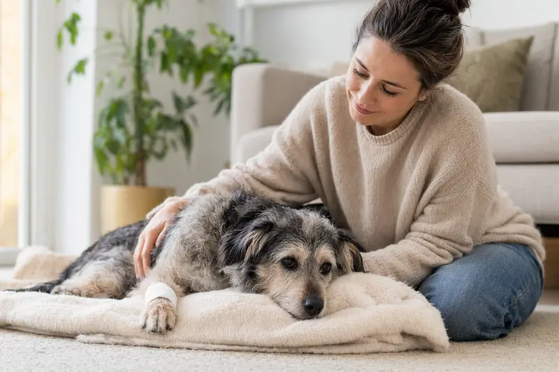 Ein Hund mit leichtem Verband an der Pfote liegt ruhig auf einer Decke, während sein Besitzer neben ihm erleichtert sitzt.