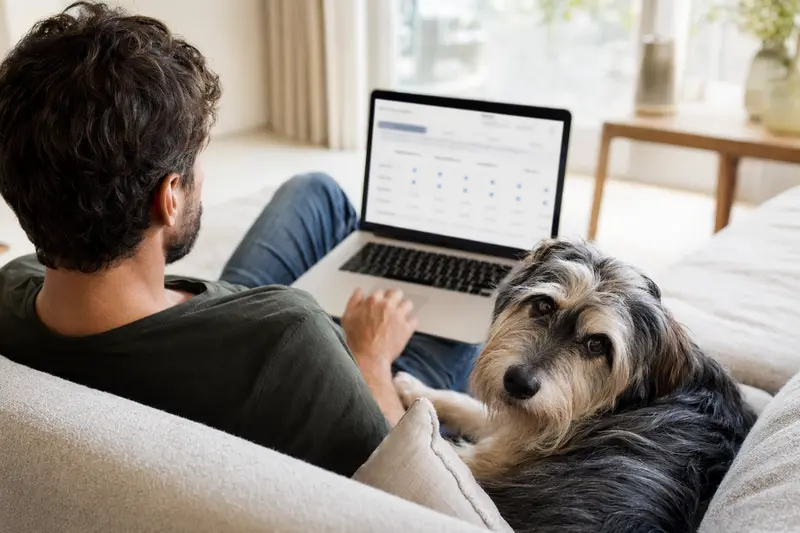 Hundehalter arbeitet am Laptop auf dem Sofa, während ein Shih Tzu Hund neben ihm sitzt.
