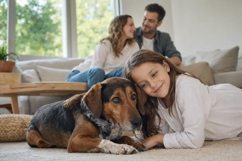 Ein Schiller-Bracke Hund liegt entspannt neben einem Kind im hellen Wohnzimmer in einer sicheren Familienatmosphäre.
