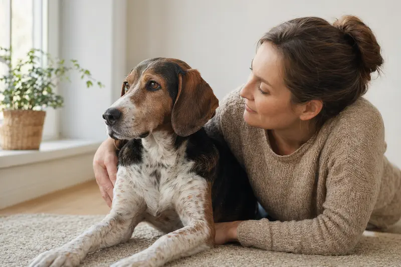 Ein aufmerksamer Schiller-Bracke Hund steht in natürlicher Haltung vor hellem Hintergrund als professionelles Tierportrait.