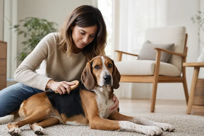 Ein Schiller-Bracke Hund wird in einer hellen Wohnung sanft gebürstet und erfährt liebevolle Fellpflege durch seinen Besitzer.