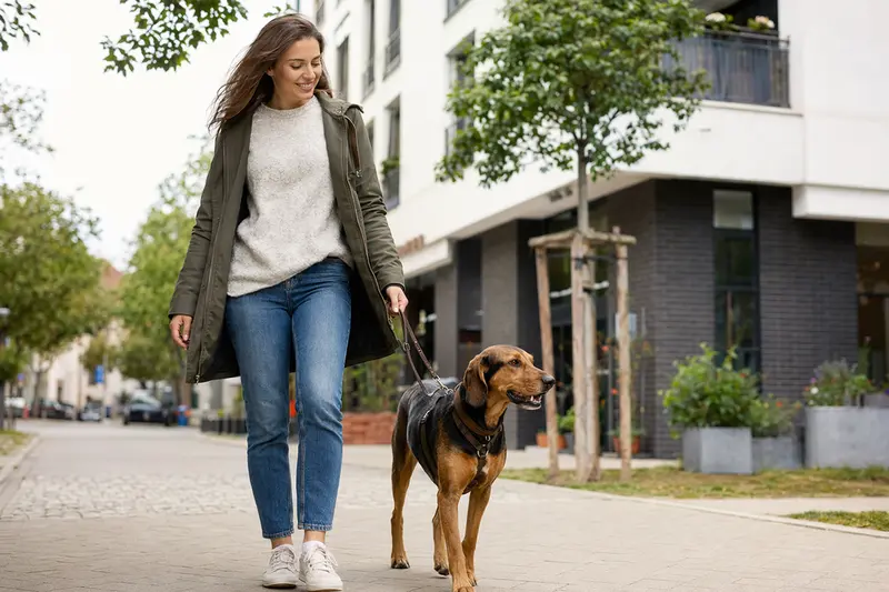 Ein Schiller-Bracke Hund läuft an der Leine mit seinem Besitzer durch eine freundliche Stadtstraße.