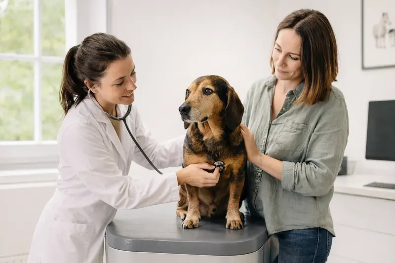 Eine freundliche Tierärztin untersucht einen ruhigen Schiller-Bracke Hund mit dem Stethoskop in einer modernen Tierarztpraxis, während der Besitzer beruhigend danebensteht.