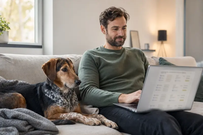 Ein Hundebesitzer arbeitet am Laptop auf dem Sofa, während eine Schiller-Bracke entspannt daneben sitzt, symbolisiert die informierte Entscheidung zur Tierkrankenversicherung.
