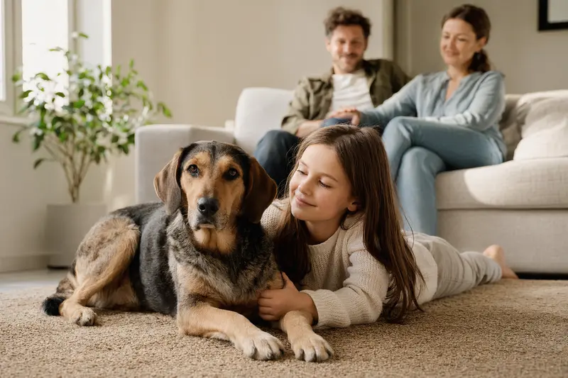 Ein Schiller-Laufhund liegt entspannt neben einem Kind im Wohnzimmer, während die Eltern im Hintergrund für eine vertrauensvolle Familienatmosphäre sorgen.