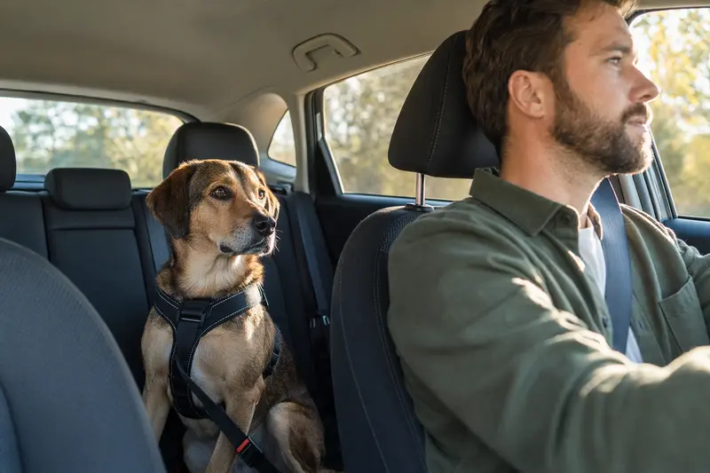 Ein Schiller-Laufhund sitzt sicher angeschnallt auf der Rückbank eines Autos, während der Besitzer ruhig fährt.