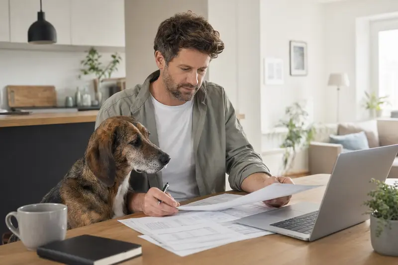 Ein Schiller-Laufhund sitzt ruhig neben seinem Besitzer am Küchentisch mit Versicherungsunterlagen und einem Laptop mit Vergleichsseite zur Tierkrankenversicherung.