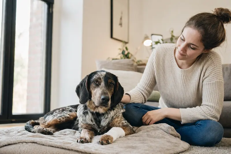 Ein Schiller-Laufhund mit leichtem Verband an der Pfote liegt ruhig auf einer Decke neben seinem erleichterten Besitzer in einer hellen Wohnung.