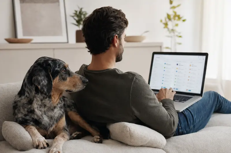 Ein Hundebesitzer arbeitet am Laptop auf dem Sofa, während sein Schiller-Laufhund daneben liegt und eine neutrale Versicherungsvergleichsseite auf dem Bildschirm angezeigt wird.