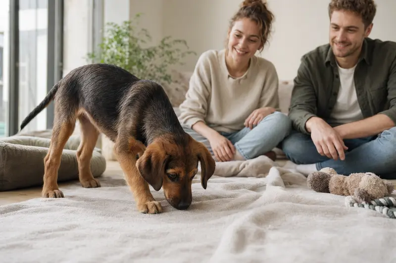 Ein junger Schiller-Laufhund-Welpe erkundet neugierig sein neues Zuhause auf einer weichen Decke mit Spielzeug in einer hellen Wohnung.