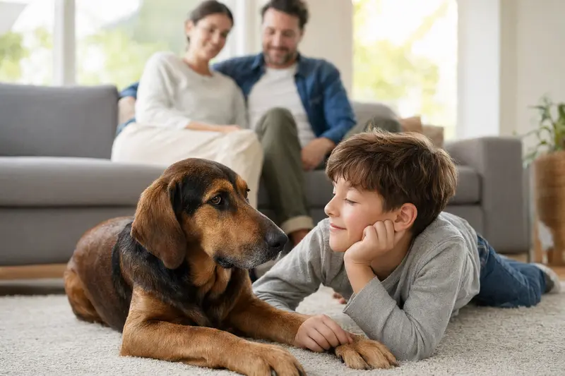 Ein freundlicher Schillerstövare liegt entspannt neben einem Kind im Wohnzimmer, während die Eltern im Hintergrund stehen und eine warme Familienatmosphäre entsteht.