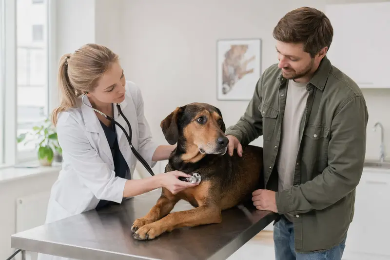 Eine Tierärztin untersucht einen ruhigen Schillerstövare auf dem Behandlungstisch in einer hellen Tierarztpraxis, während der Besitzer beruhigend danebensteht.