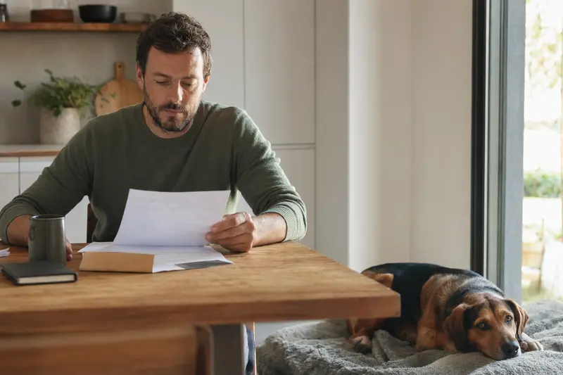 Ein Hundebesitzer sitzt mit einer Tierarztrechnung am Tisch, während ein entspannter Schillerstövare auf einer Decke in einer hellen Wohnung liegt.