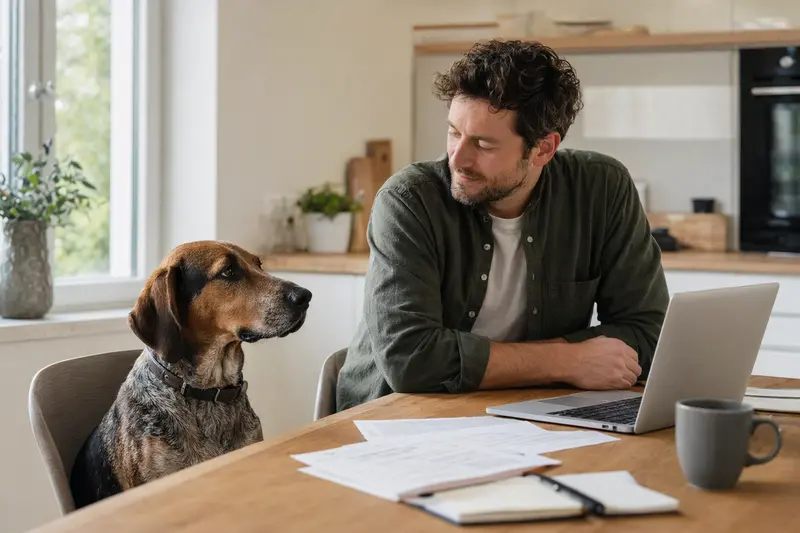 Ein Schillerstövare sitzt ruhig neben seinem Besitzer am Küchentisch mit Versicherungsunterlagen und Laptop zur Hundekrankenversicherung.