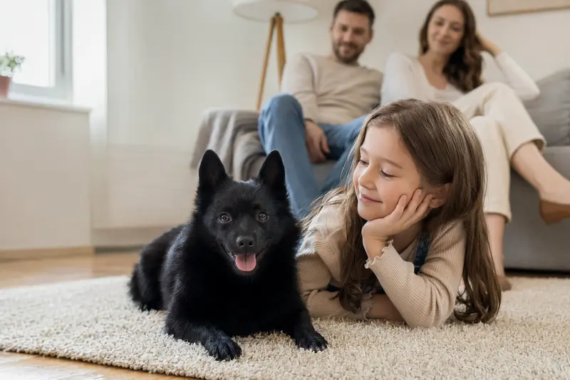 Ein Schipperke Hund liegt entspannt neben einem Kind im hellen Wohnzimmer, während die Eltern im Hintergrund eine sichere Familienatmosphäre schaffen.