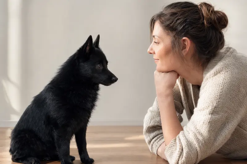 Aufmerksamer Schipperke Hund mit typischer Fellstruktur vor hellem Hintergrund im professionellen Tierportrait.